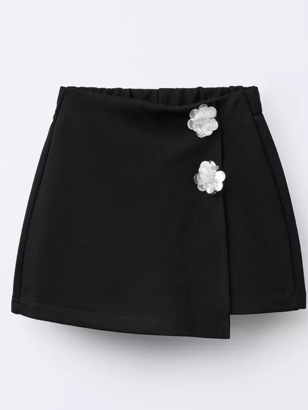 Black Floral-Button Wrap Skirt